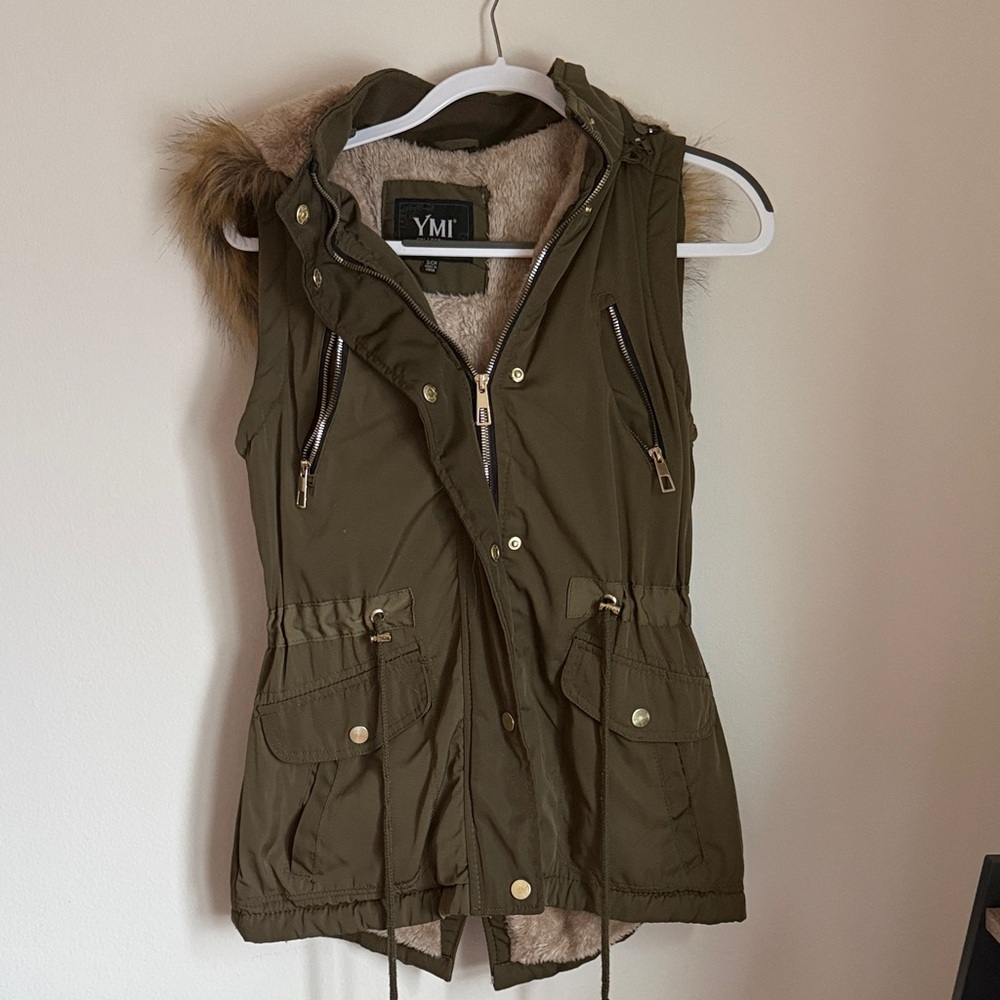 YMI Khaki Vest with Faux Fur Accents